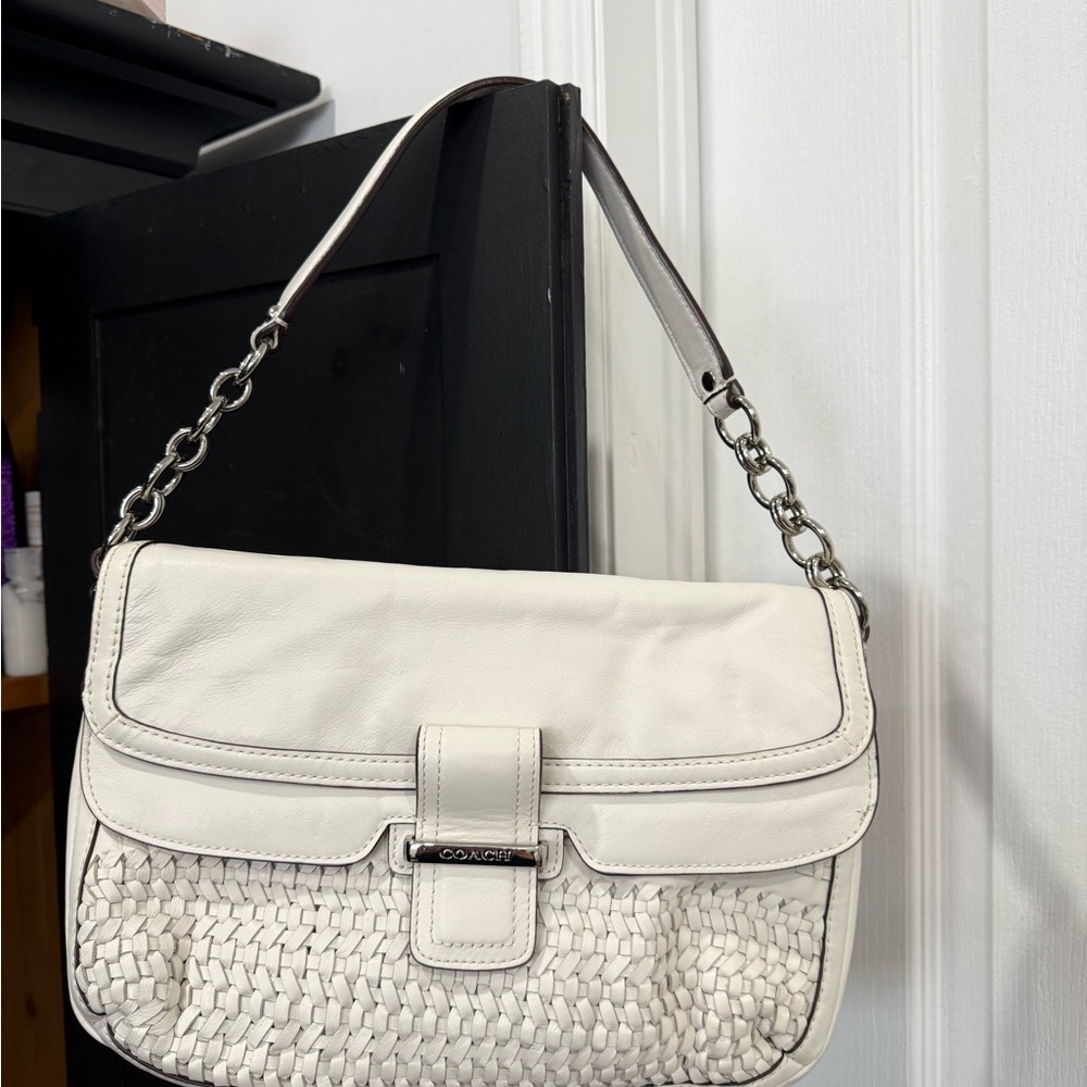 Coach White Woven Leather Shoulder Bag